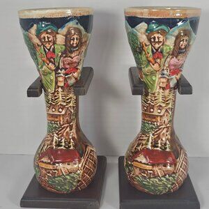 Pair Of Tilso Hand Painted Quarter Yard Beer Steins German Design W Wood Holder